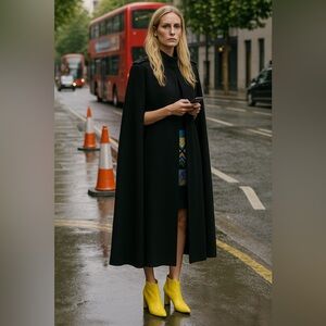 George Simonton Black Wool Long Cloak Cape Coat Lined Vintage Dramatic Outerwear